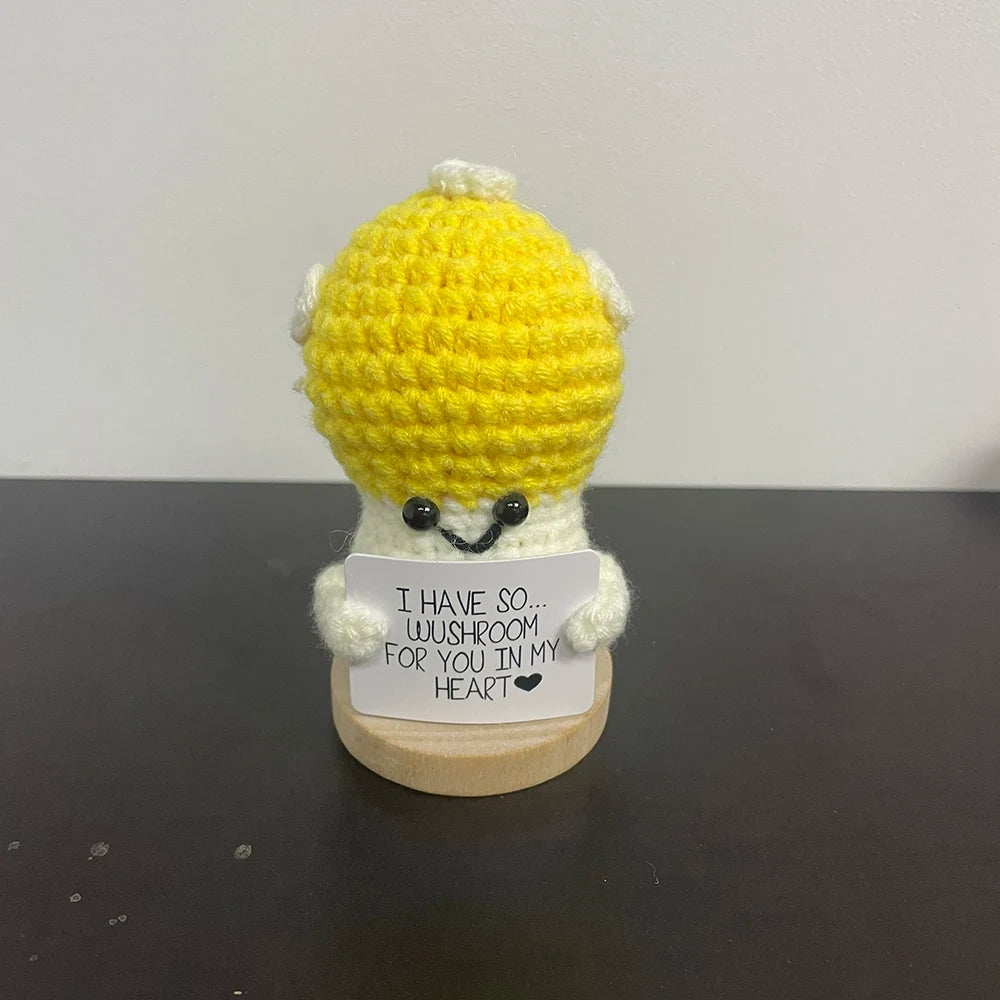 Cute crochet mushroom plush holding a heartwarming message that says 'I have so mush-room for you in my heart' β handmade amigurumi toy for gifting